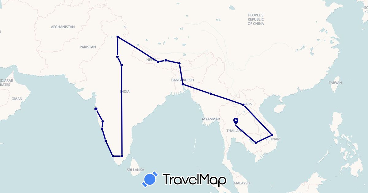 TravelMap itinerary: driving in Bangladesh, Bhutan, India, Cambodia, Laos, Myanmar (Burma), Nepal, Thailand, Vietnam (Asia)